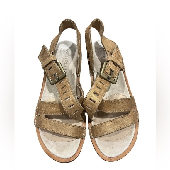 Merrell Prairie Wedge Brown Leather Sandals Select Fresh Size 5 Tan - Picture 1 of 9